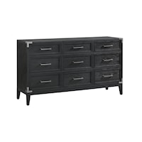 Transitional 9-Drawer Dresser with Decorative Metal Corner Brackets