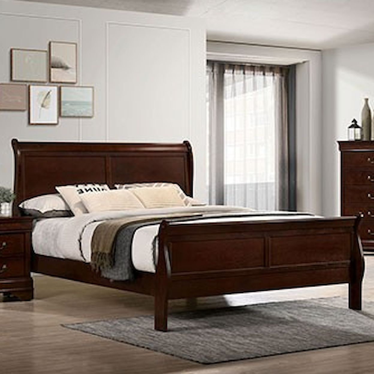 Louis Philippe Cherry Eastern King Sleigh Bed w/Dresser and Mirror New  Furniture Factory Outlet