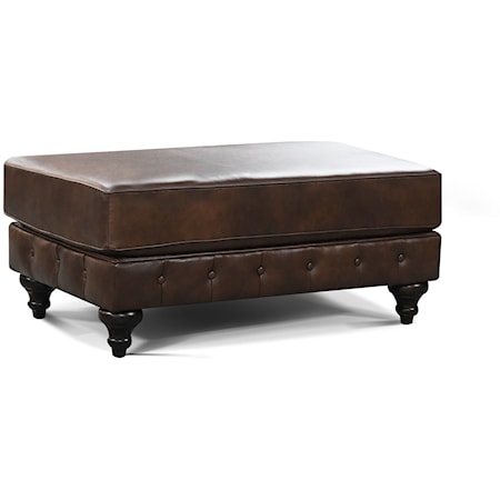 Transitional Leather Ottoman with Turned Legs
