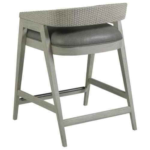Vintage Low Back Counter Stool with Cane Back and Faux Leather Seat