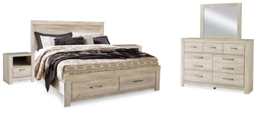 King Panel Storage Bed, Dresser, Mirror And 2 Nightstands