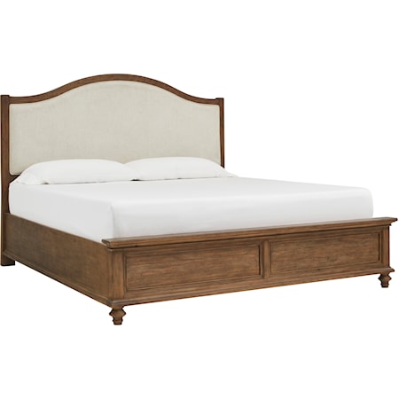 Transitional King Arched Panel Bed with Upholstered Headboard and USB Ports