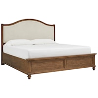 Transitional California King Arched Panel Bed with Upholstered Headboard and USB Ports