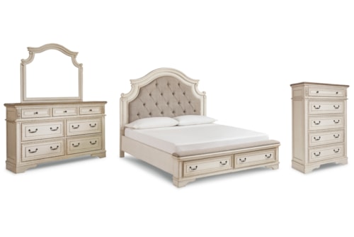California King Upholstered Bed, Dresser, Mirror And Chest