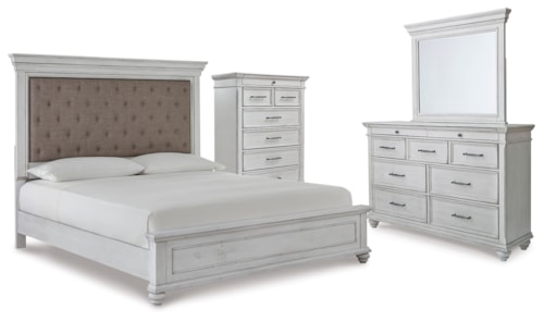 King Upholstered Panel Bed, Dresser, Mirror And Chest