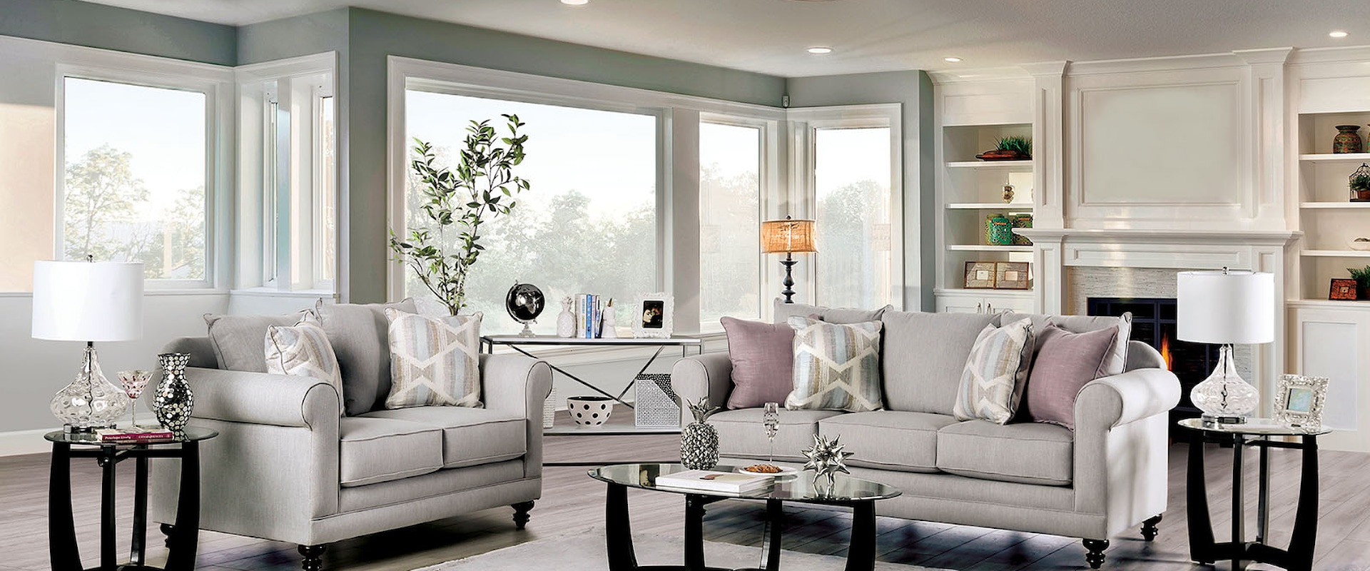 Transitional Sofa and Loveseat with Rolled Arms