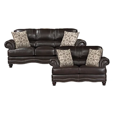 Traditional 2-Piece Living Room Set with Rolled Arms and Nailheads