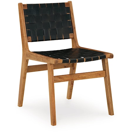 Dining Chair with Solid Wood Frame and Woven Black Leather Straps
