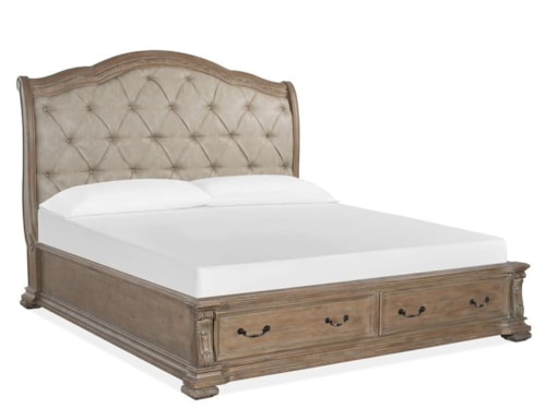 Traditional California King Upholstered Sleigh Bed with Footboard Storage