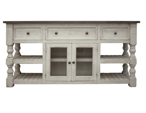 Farmhouse 3-Drawer TV Stand with Glass Doors and Open Shelving