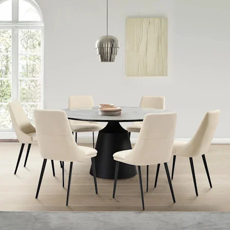 Contemporary 7 Piece Dining Set with Stone Top and Beige Faux Leather Chairs