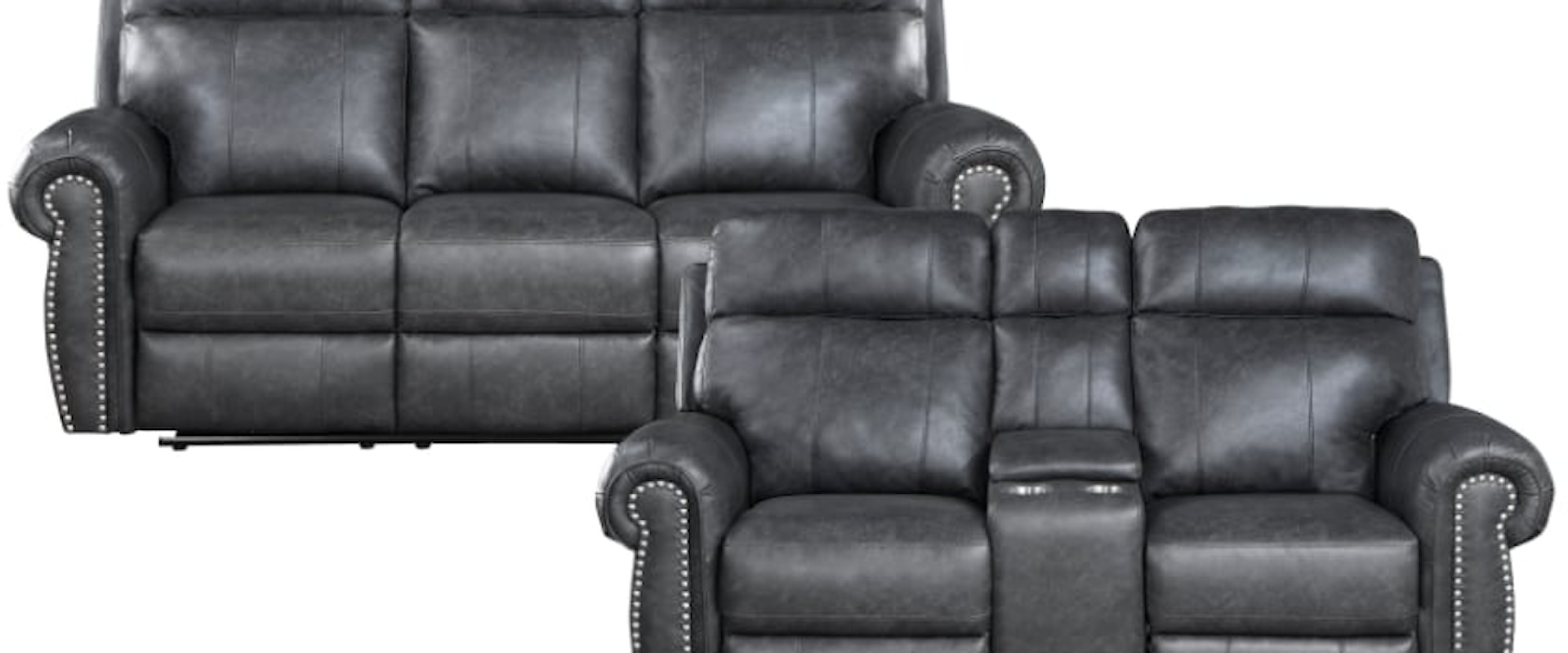 Transitional 2-Piece Reclining Living Room Set with Rolled Arms and Nailhead Trimming