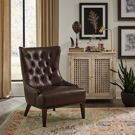 Transitional Leather Accent Chair with Button Tufting and Nail-Head Trim