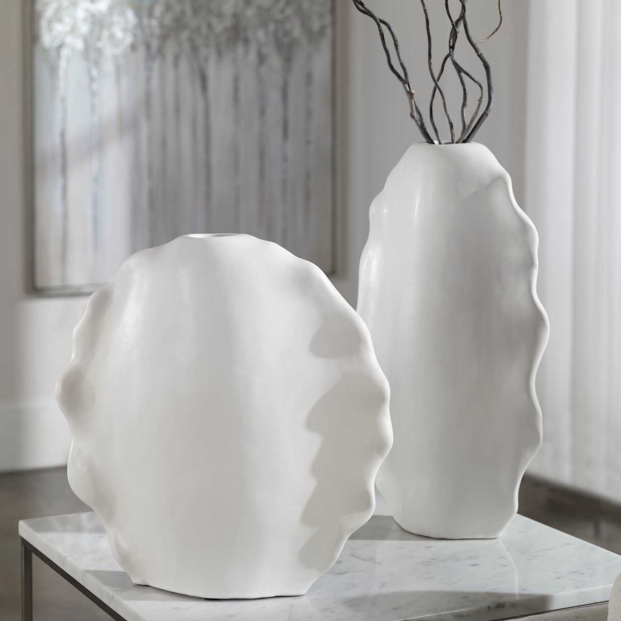 Uttermost Ruffled Ruffled Feathers Modern White Vases S/2