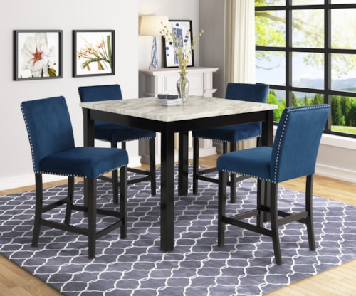 Transitional 5-Piece Counter Height Table Set with Royal Blue Stools