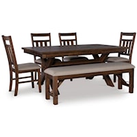 6 Piece Trestle Table with Upholstered Bench & Side Chairs Set