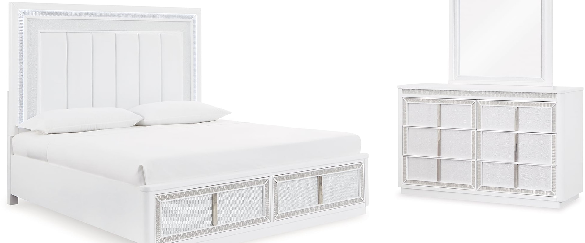 Queen Upholstered Storage Bed, Dresser And Mirror
