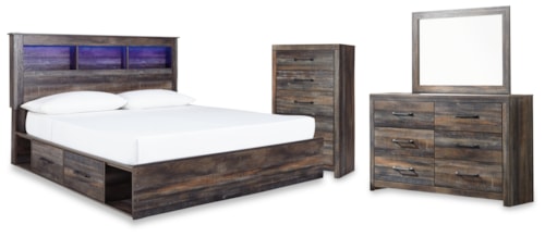 King Storage Bed, Dresser, Mirror And Chest