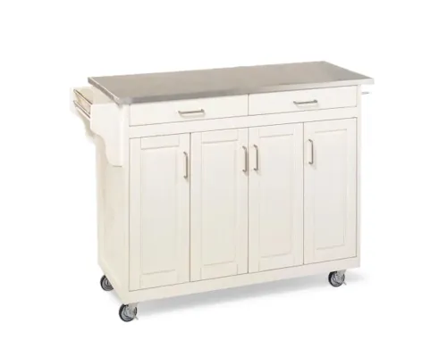 Traditional Kitchen Cart with Off-White Finish and Stainless Steel Top