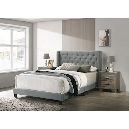 Contemporary Upholstered Queen Platform Bed with Button-Tufting