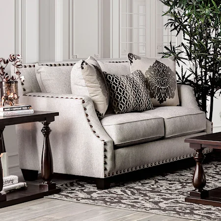 Transitional Love Seat with Toss Pillows and Large Nailheads