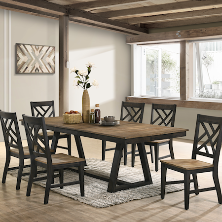 Transitional 7-Piece Trestle Dining Set with Lattice Back Side Chairs