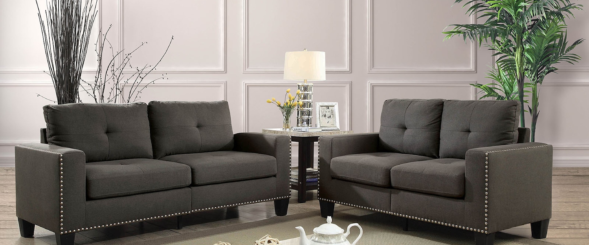 Transitional Sofa and Loveseat Set with Nailhead Trim