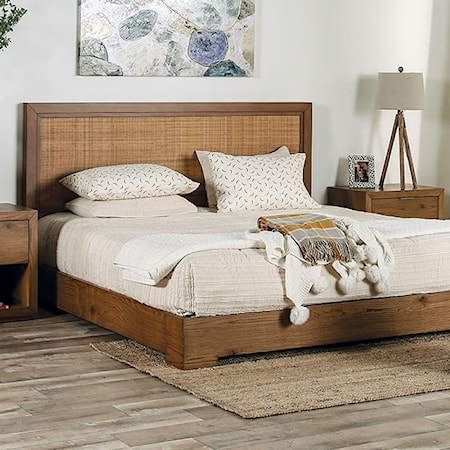 Transitional Light Walnut King Bed with Woven Headboard