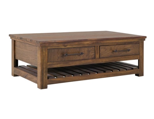 Transitional 4-Drawer Cocktail Table with Open Slatted Shelf