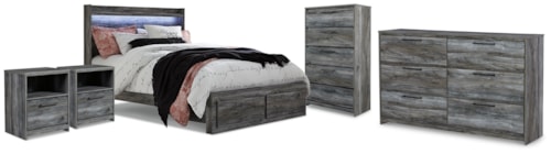 King Panel Storage Bed, Dresser, Chest And 2 Nightstands