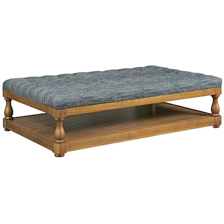 Traditional Rectangular Cocktail Ottoman with Button Tufting and Wood Shelf