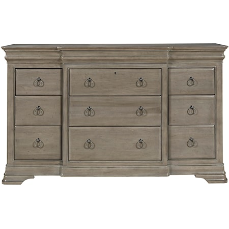 Transitional 12-Drawer Dresser with Drop Front Drawer