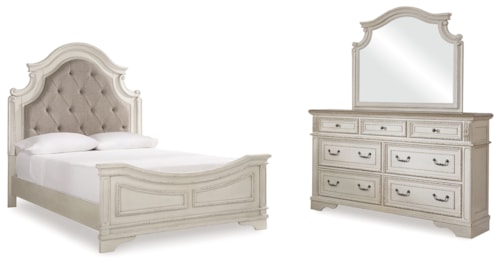 Queen Upholstered Panel Bed, Dresser And Mirror