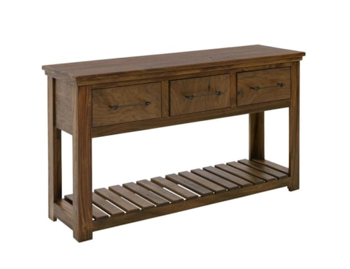 Transitional 3-Drawer Sofa Table with Open Slatted Shelf