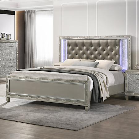 Glam California King Panel Bed with Tufted Headboard
