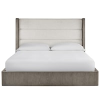 Transitional King Upholstered Panel Bed in Weathered Oak Finish