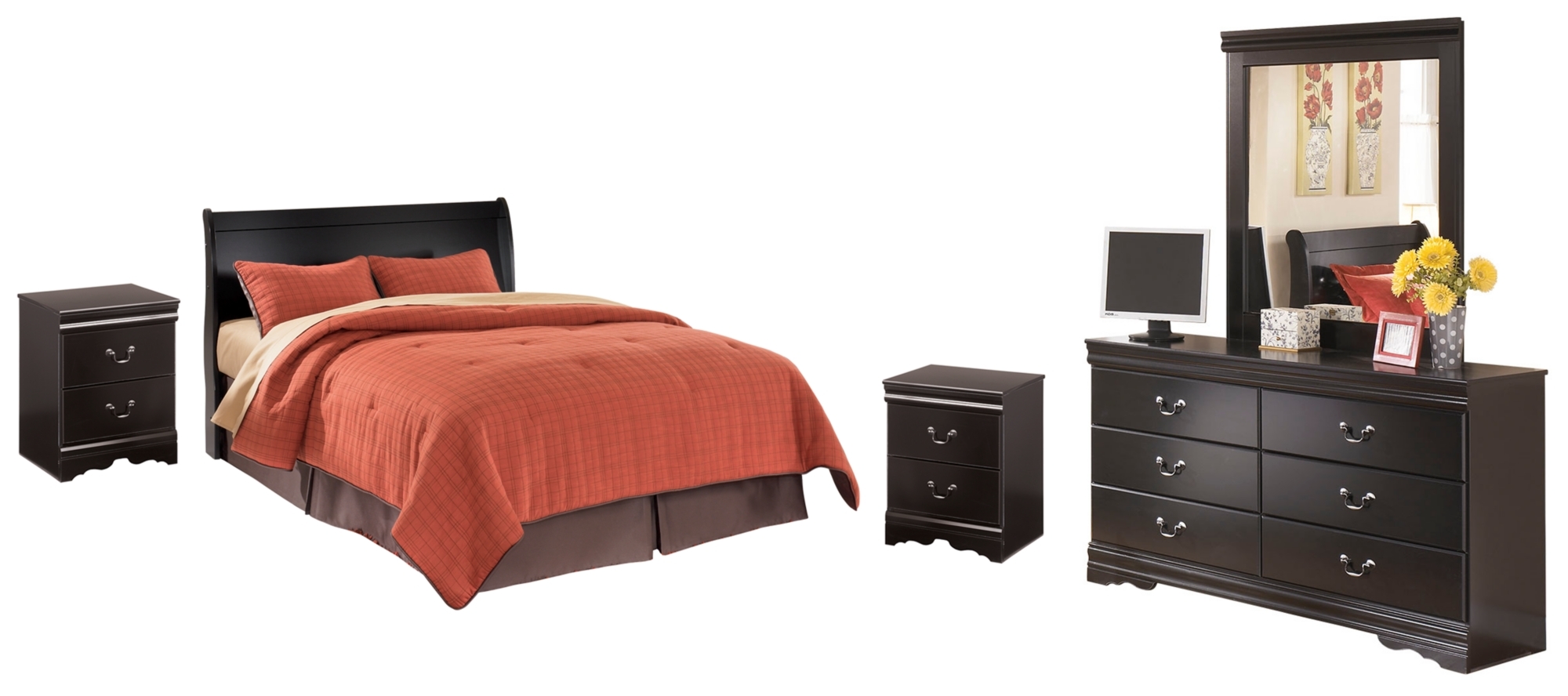 Queen Sleigh Headboard With Dresser, Mirror And 2 Nightstands