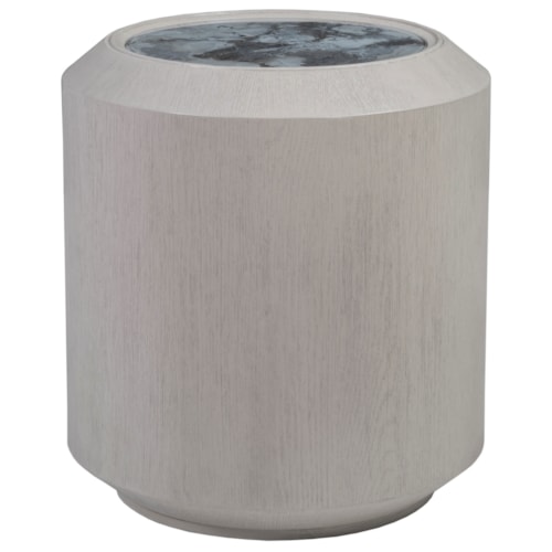 Contemporary Round Wood End Table with Decorative Glass Inset Top