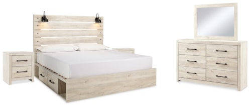 King Storage Bed, Dresser, Mirror And 2 Nightstands