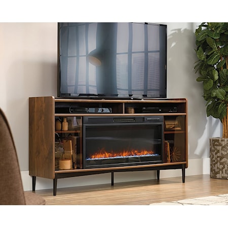 Mid-Century Modern Fireplace Entertainment Console Credenza with Glass Doors