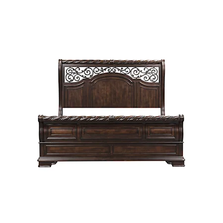 Traditional King Sleigh Bed with Unique Scrolled Headboard