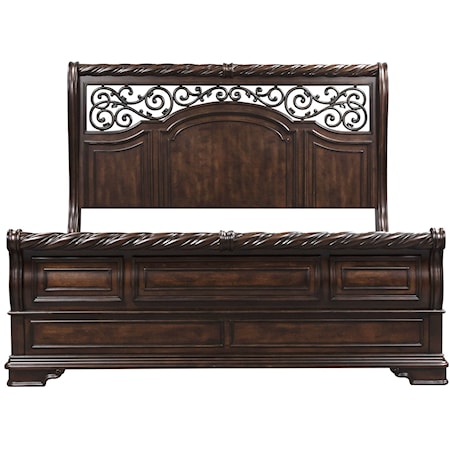 Traditional California King Sleigh Bed with Unique Scrolled Headboard