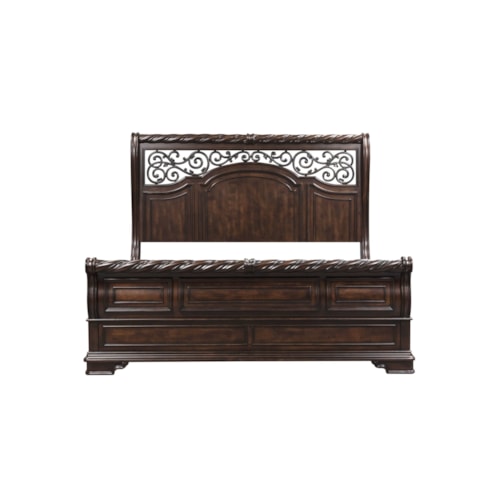 Traditional King Sleigh Bed with Unique Scrolled Headboard