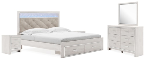 King Upholstered Storage Bed, Dresser, Mirror And 2 Nightstands
