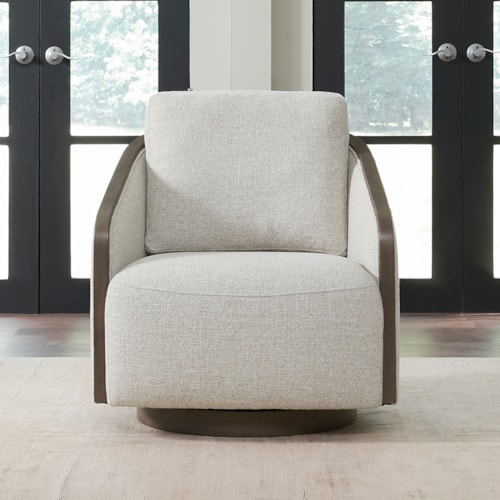 Transitional Upholstered Swivel Accent Chair with Wood Trim