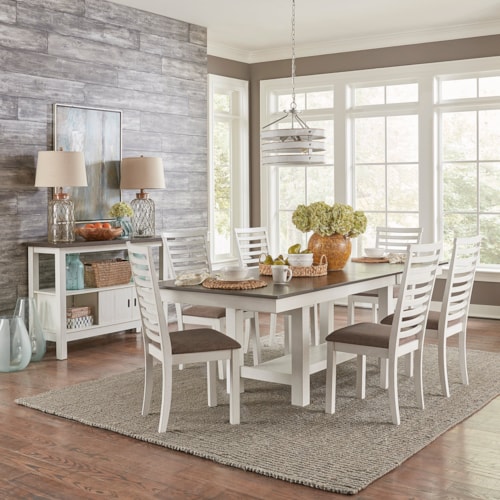 Transitional 7-Piece Trestle Dining Set with Ladder Back Chairs