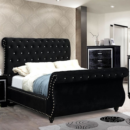 Cal. King Black Upholstered Sleigh Bed