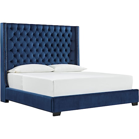 King Upholstered Bed with Blue Velvet Tufted Headboard