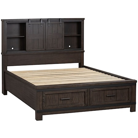 Transitional Queen Bookcase Bed with Storage Footboard