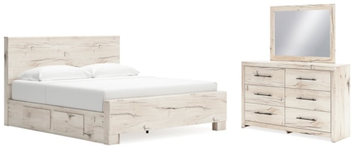 King Panel Bed With Storage, Dresser And Mirror